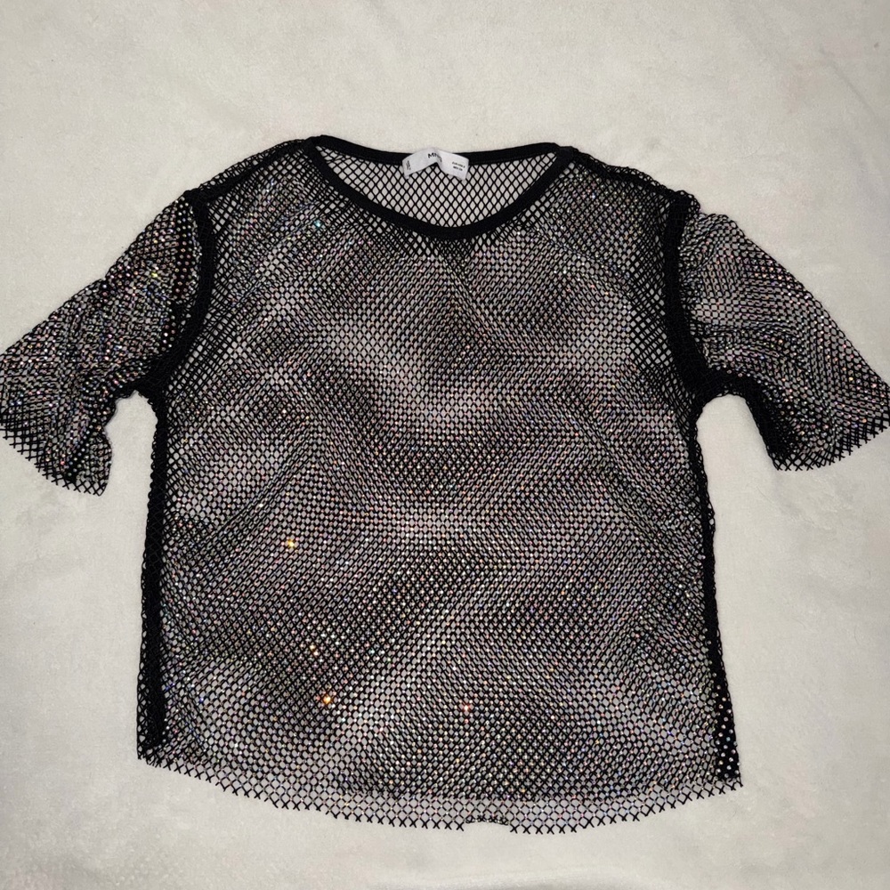 Mango Black Mesh Short Sleeve Top